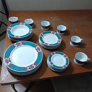 Gibson Teal and Red Geometric Dinnerware Set